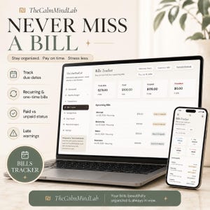 Puede incluir: Un ordenador port&aacute;til y un smartphone que muestran una interfaz digital de seguimiento de facturas de TheCalmMindLab. La pantalla muestra res&uacute;menes financieros, facturas pendientes e indicadores. Texto: NEVER MISS A BILL, Bills Tracker.