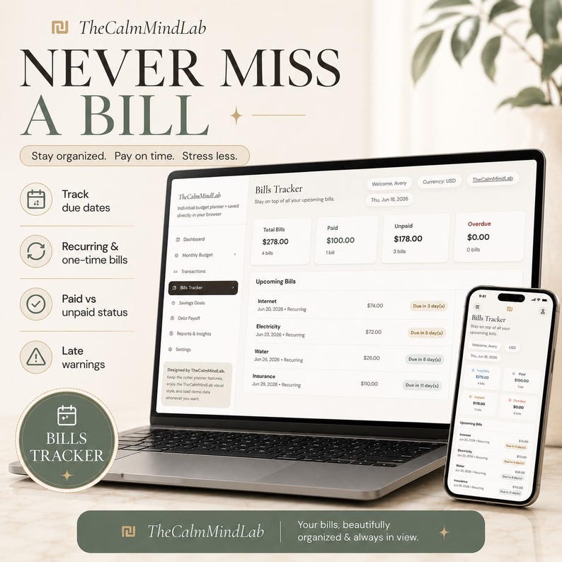 Puede incluir: Un ordenador port&aacute;til y un smartphone que muestran una interfaz digital de seguimiento de facturas de TheCalmMindLab. La pantalla muestra res&uacute;menes financieros, facturas pendientes e indicadores. Texto: NEVER MISS A BILL, Bills Tracker.