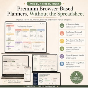 K&ouml;nnte beinhalten: Ein digitales B&uuml;ndel browserbasierter Planer auf mehreren Bildschirmen. Der Hauptbildschirm zeigt eine Lehrerplaner-Oberfl&auml;che mit dem Text "Why Buy This Bundle? Premium Browser-Based Planners, Without the Spreadsheet."