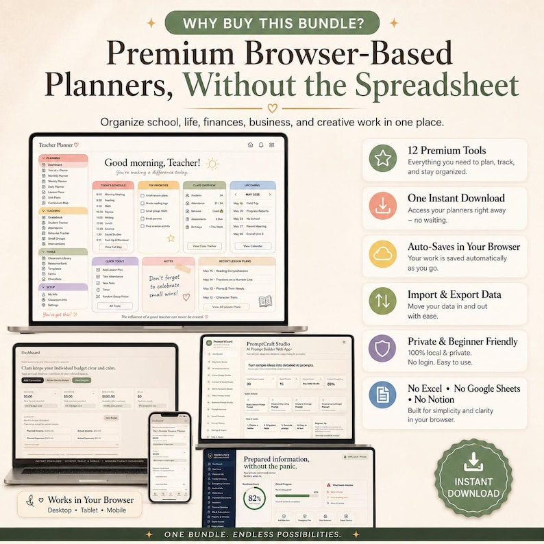 K&ouml;nnte beinhalten: Ein digitales B&uuml;ndel browserbasierter Planer auf mehreren Bildschirmen. Der Hauptbildschirm zeigt eine Lehrerplaner-Oberfl&auml;che mit dem Text "Why Buy This Bundle? Premium Browser-Based Planners, Without the Spreadsheet."