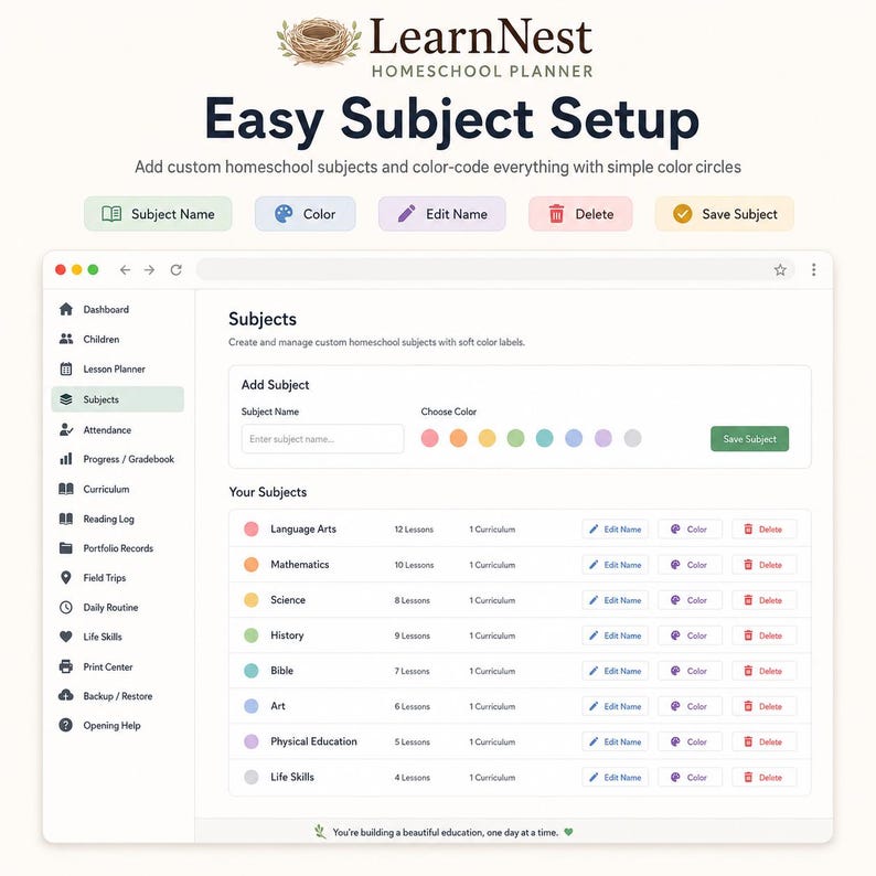 May include: A digital interface for the LearnNest Homeschool Planner showing an Easy Subject Setup screen. The dashboard features a sidebar with navigation icons, a list of subjects with color-coded circles, lesson counts, and edit buttons.