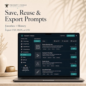 Pode incluir: Um laptop exibe a interface Prompt Forge, com op&ccedil;&otilde;es para salvar, reutilizar e exportar prompts. A tela destaca recursos como Favoritos, Hist&oacute;rico e formatos de exporta&ccedil;&atilde;o como TXT, JSON e CSV. O fundo &eacute; neutro.