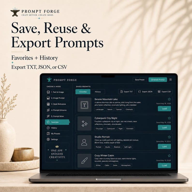 Pode incluir: Um laptop exibe a interface Prompt Forge, com op&ccedil;&otilde;es para salvar, reutilizar e exportar prompts. A tela destaca recursos como Favoritos, Hist&oacute;rico e formatos de exporta&ccedil;&atilde;o como TXT, JSON e CSV. O fundo &eacute; neutro.