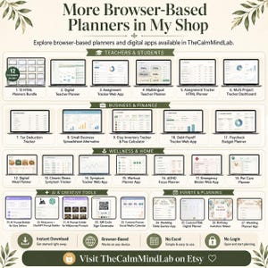 K&ouml;nnte beinhalten: Ein digitaler Katalog mit dem Titel More Browser-Based Planners in My Shop, der siebenundzwanzig webbasierte Anwendungssymbole zeigt, unterteilt in Lehrer & Sch&uuml;ler, Business & Finanzen, Wellness & Zuhause, KI-Tools und Veranstaltungsplanung.