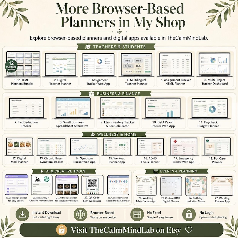 K&ouml;nnte beinhalten: Ein digitaler Katalog mit dem Titel More Browser-Based Planners in My Shop, der siebenundzwanzig webbasierte Anwendungssymbole zeigt, unterteilt in Lehrer & Sch&uuml;ler, Business & Finanzen, Wellness & Zuhause, KI-Tools und Veranstaltungsplanung.