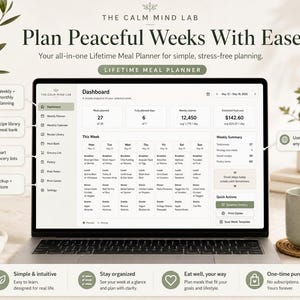 May include: A digital meal planner interface displayed on a laptop screen titled The Calm Mind Lab. The dashboard shows a weekly schedule, meal counts, calorie totals, and estimated food costs. Features include a recipe library, grocery lists, and print options, with text labels highlighting planning tools and lifetime access.