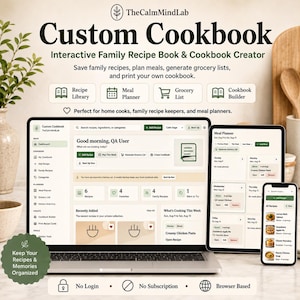 May include: A digital custom cookbook creator interface displayed on a laptop, tablet, and smartphone. The screen shows a dashboard with features like a recipe library, meal planner, grocery list, and cookbook builder. Text includes TheCalmMindLab.