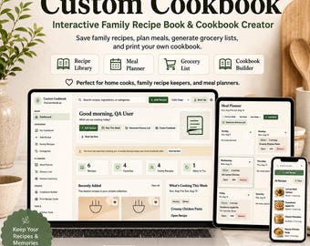 Custom Cookbook Digital Recipe Book, Family Recipe Organizer, Meal Planner & Grocery List App