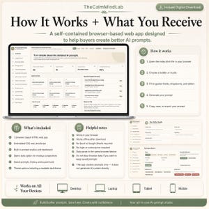 May include: A digital infographic titled How It Works + What You Receive for a browser-based web app. It displays a dashboard interface, a five-step process list, feature lists, and device compatibility icons for desktop, laptop, tablet, and mobile.