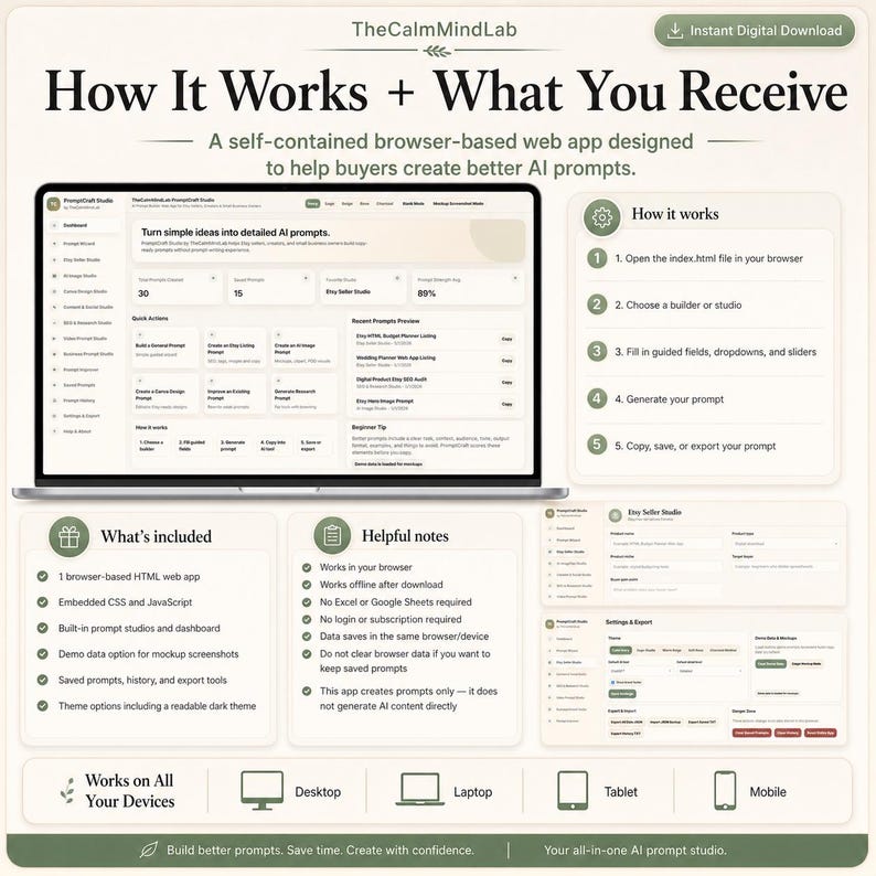 May include: A digital infographic titled How It Works + What You Receive for a browser-based web app. It displays a dashboard interface, a five-step process list, feature lists, and device compatibility icons for desktop, laptop, tablet, and mobile.