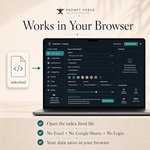 Pode incluir: Um laptop exibe a interface do aplicativo Prompt Forge, projetado para criar prompts. A interface inclui op&ccedil;&otilde;es para prompts de imagem e refer&ecirc;ncias de estilo. O texto "Works in Your Browser" &eacute; vis&iacute;vel. Um &iacute;cone de arquivo index.html &eacute; exibido.