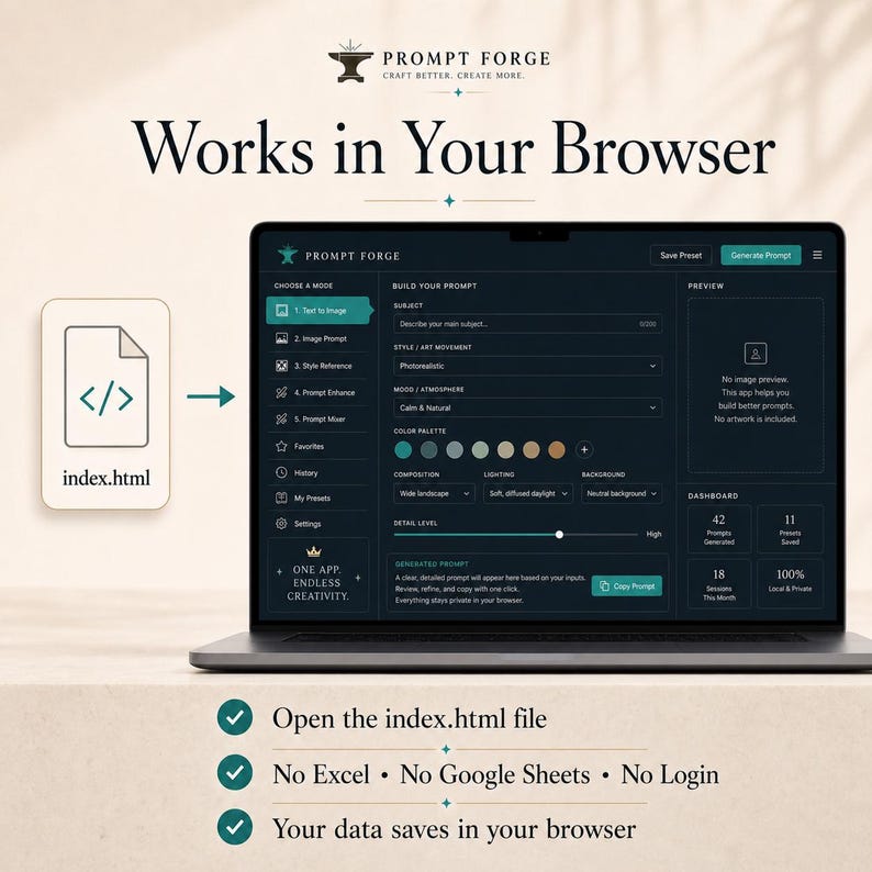 Pode incluir: Um laptop exibe a interface do aplicativo Prompt Forge, projetado para criar prompts. A interface inclui op&ccedil;&otilde;es para prompts de imagem e refer&ecirc;ncias de estilo. O texto "Works in Your Browser" &eacute; vis&iacute;vel. Um &iacute;cone de arquivo index.html &eacute; exibido.