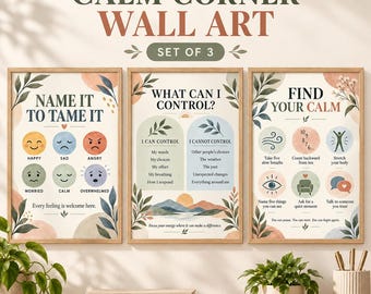 Calm Corner Wall Art Set, Emotional Regulation Posters, School Counselor Therapy Office Printable
