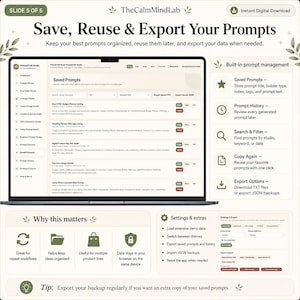 May include: A digital interface display showing a prompt management application. The screen features a list of saved prompts, a sidebar navigation menu, and a section detailing built-in prompt management, history, search, copy, and export options.