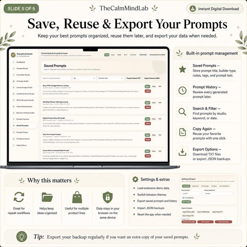 May include: A digital interface display showing a prompt management application. The screen features a list of saved prompts, a sidebar navigation menu, and a section detailing built-in prompt management, history, search, copy, and export options.