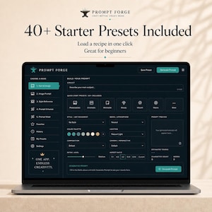 Pode incluir: Um ecr&atilde; de computador port&aacute;til a exibir a interface "Prompt Forge", com o texto "40+ Starter Presets Included". A interface inclui op&ccedil;&otilde;es para texto para imagem, refer&ecirc;ncia de estilo e muito mais. O ecr&atilde; est&aacute; aberto numa superf&iacute;cie clara.