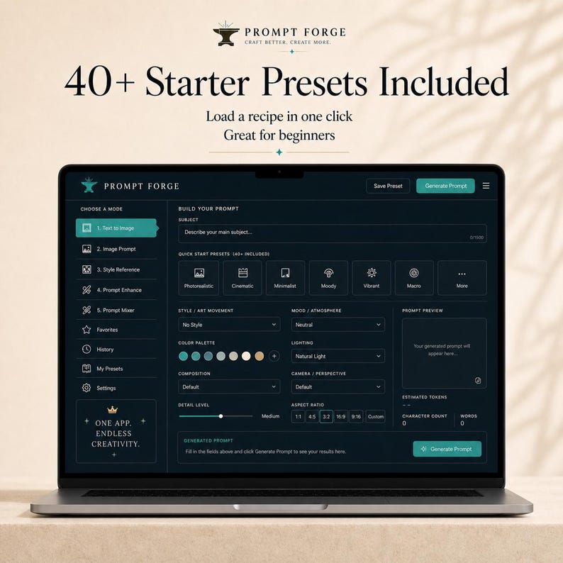 Pode incluir: Um ecr&atilde; de computador port&aacute;til a exibir a interface "Prompt Forge", com o texto "40+ Starter Presets Included". A interface inclui op&ccedil;&otilde;es para texto para imagem, refer&ecirc;ncia de estilo e muito mais. O ecr&atilde; est&aacute; aberto numa superf&iacute;cie clara.