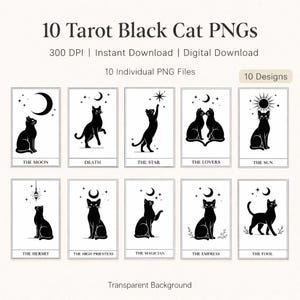 May include: A digital download of ten black cat tarot card designs. Each card features a black cat in different poses, with celestial and mystical symbols. The cards include titles such as "The Moon," "Death," and "The Star."