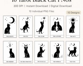 BLACK CAT Tarot PNG Bündel: Hexenhafte himmlische Katzen Kunst, Minimalistische Mystische Digitaler Download Designs