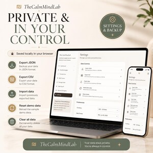 Puede incluir: Un ordenador port&aacute;til y un smartphone que muestran la interfaz del planificador presupuestario TheCalmMindLab. La pantalla muestra ajustes de control de datos, incluyendo las opciones Export JSON, Export CSV, Import data, Reset demo data y Clear all data.