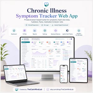 May include: A digital Chronic Illness Symptom Tracker web app displayed on a desktop monitor, laptop, smartphone, and tablet. The interface features a dashboard with health logs, symptom trends, medication tracking, and light and dark themes.