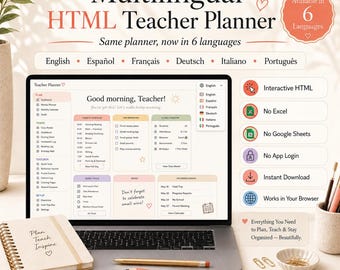 Digital Teacher Planner, Classroom Organizer, Gradebook & Homework Log, 6 Languages