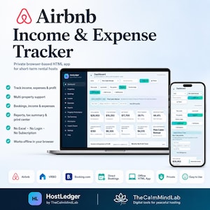 May include: A digital Airbnb Income & Expense Tracker app displayed on a laptop and smartphone. The interface shows financial dashboards for rental hosts, including income, expenses, profit, and occupancy rates. It is a private, browser-based HTML tool.