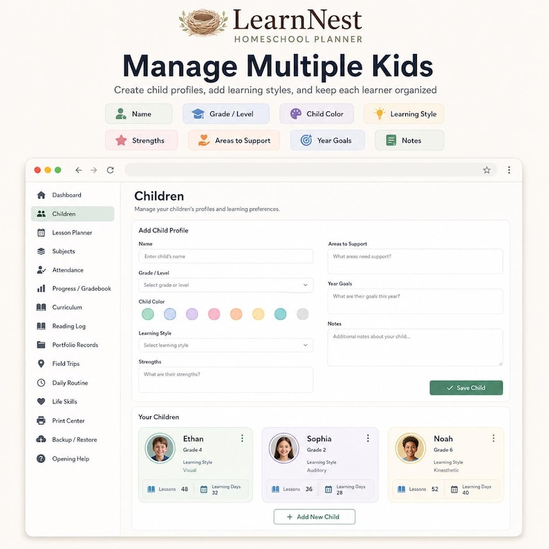 May include: A digital LearnNest Homeschool Planner interface displaying a Children management dashboard. The screen features input fields for child profiles, including name, grade, learning style, and goals, alongside cards for Ethan, Sophia, and Noah.