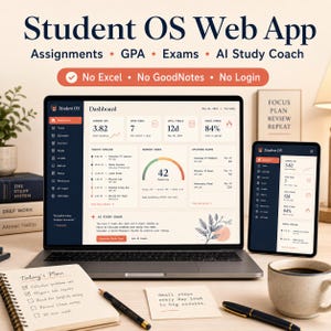 Puede incluir: Un portátil y una tableta que muestran la interfaz de la "Student OS Web App", con un panel que muestra el GPA, las tareas y los próximos exámenes. También se ve un bloc de notas con "Today's Plan" y una taza de café.