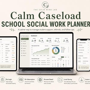 Könnte beinhalten: Ein digitaler Planer für die schulische Sozialarbeit mit dem Titel Calm Caseload, dargestellt auf einem Laptop, Tablet und Smartphone. Die Bildschirme zeigen ein Dashboard mit Schülerdaten, Diagrammen und Kalendern. Symbole unten zeigen Funktionen wie kein Login, kein Abonnement, browserbasiert, lokale Speicherung und sofortiger Download.