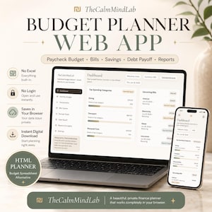 Puede incluir: Un ordenador port&aacute;til y un smartphone muestran la aplicaci&oacute;n web de planificaci&oacute;n presupuestaria TheCalmMindLab. La pantalla presenta un panel con categor&iacute;as de gastos, facturas pr&oacute;ximas y men&uacute;s. El texto incluye No Excel, No Login, Saves in Your Browser.