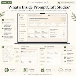 May include: A digital interface for PromptCraft Studio, an AI prompt builder web app. The display shows a dashboard with quick actions, prompt history, and an Etsy seller studio module. Text includes What's Inside PromptCraft Studio and features.
