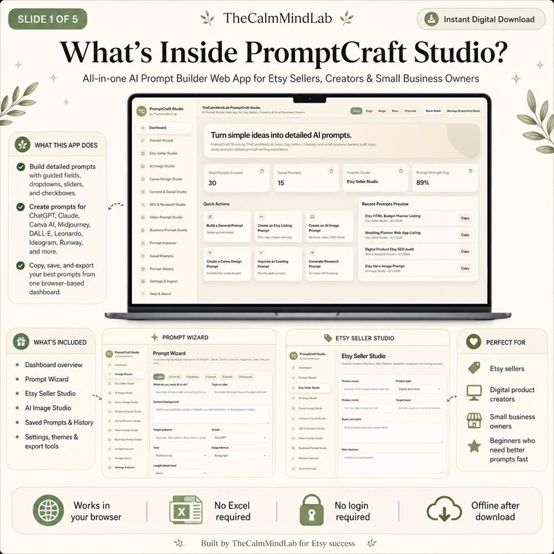 May include: A digital interface for PromptCraft Studio, an AI prompt builder web app. The display shows a dashboard with quick actions, prompt history, and an Etsy seller studio module. Text includes What's Inside PromptCraft Studio and features.