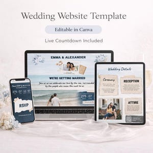 May include: A wedding website template shown on a laptop, tablet, and smartphone. The design features floral details, couple photos, and a countdown timer. Text includes "Wedding Website Template" and "Editable in Canva."