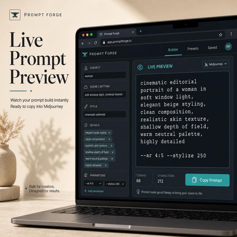 Pode incluir: Um laptop exibe a interface "Prompt Forge", mostrando uma visualiza&ccedil;&atilde;o ao vivo do prompt. A tela mostra texto descrevendo o retrato de uma mulher com luz suave e estilo elegante. A interface inclui op&ccedil;&otilde;es para assunto, cena, estilo e detalhes.