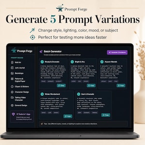 Pode incluir: Um ecr&atilde; de laptop exibe a interface "Prompt Forge", uma ferramenta para gerar varia&ccedil;&otilde;es de prompts. O ecr&atilde; destaca op&ccedil;&otilde;es de estilo, ilumina&ccedil;&atilde;o, cor e humor. A interface inclui um "Batch Generator" com v&aacute;rias op&ccedil;&otilde;es.