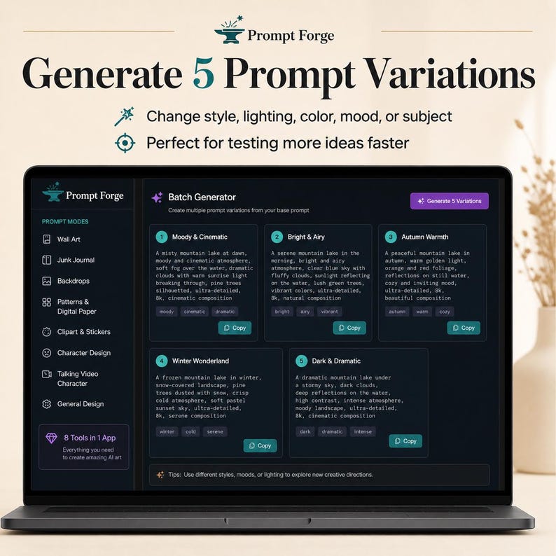 Pode incluir: Um ecr&atilde; de laptop exibe a interface "Prompt Forge", uma ferramenta para gerar varia&ccedil;&otilde;es de prompts. O ecr&atilde; destaca op&ccedil;&otilde;es de estilo, ilumina&ccedil;&atilde;o, cor e humor. A interface inclui um "Batch Generator" com v&aacute;rias op&ccedil;&otilde;es.