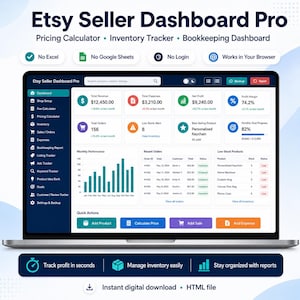Könnte beinhalten: Eine digitale Etsy Seller Dashboard Pro-Oberfläche auf einem Laptop-Bildschirm mit einer dunkelblauen Seitenleiste mit Navigationssymbolen, einem zentralen Dashboard mit Finanzkennzahlen, monatlichen Leistungsdiagrammen und Lagerbestandsmeldungen.