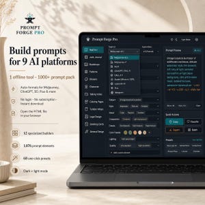 May include: A laptop screen shows the "Prompt Forge Pro" interface, designed for creating prompts for AI platforms. The display features options for different AI tools, such as Midjourney and ChatGPT. Text on the left details the software's features and benefits.