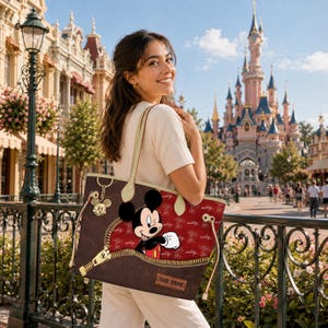 K&ouml;nnte beinhalten: Eine braune Tragetasche mit Mickey Mouse, die aus einem Rei&szlig;verschluss-Design herausschaut. Die Tasche hat einen roten, gemusterten Bereich mit Mickey Mouse-Text, cremefarbene Griffe und einen Mickey Mouse-Schl&uuml;sselanh&auml;nger. Die Tasche wird vor einem Schloss gehalten.