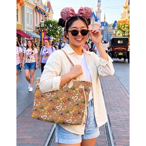 May include: A woman holding a tan tote bag with a gingerbread Mickey Mouse pattern. The bag has a light brown trim and handles. The background shows a theme park with people, buildings, and a vintage car.