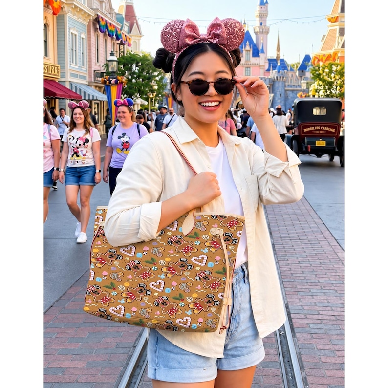 May include: A woman holding a tan tote bag with a gingerbread Mickey Mouse pattern. The bag has a light brown trim and handles. The background shows a theme park with people, buildings, and a vintage car.