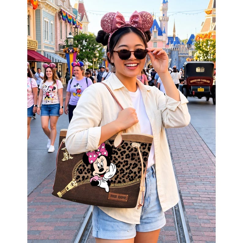 Op de afbeelding: Een bruine tote bag met een luipaardprint en een Minnie Mouse-afbeelding. De tas heeft een ritssluiting en een lichtbruine rand. De tas wordt gedragen door een persoon met een zonnebril en een wit overhemd.