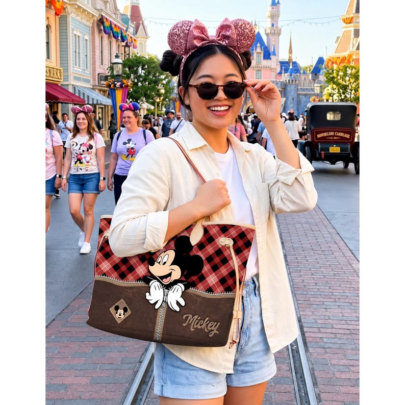 May include: A red and black plaid tote bag featuring Mickey Mouse. The bag has a brown base with a Mickey Mouse patch and the name "Mickey" printed on it. The bag is carried by a person wearing sunglasses and a white shirt.