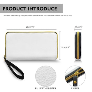 May include: White PU leather wallet with a gold zipper and black wrist strap. The wallet measures 7.9 inches long, 4.3 inches high, and 1 inch thick. The text "PRODUCT INTRODUCE" is at the top.