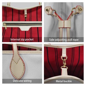 May include: Close-up shots of a red and black striped tote bag. Features include an internal zip pocket, side adjusting pull rope, delicate wiring, and a metal buckle. The bag has cream-colored accents.
