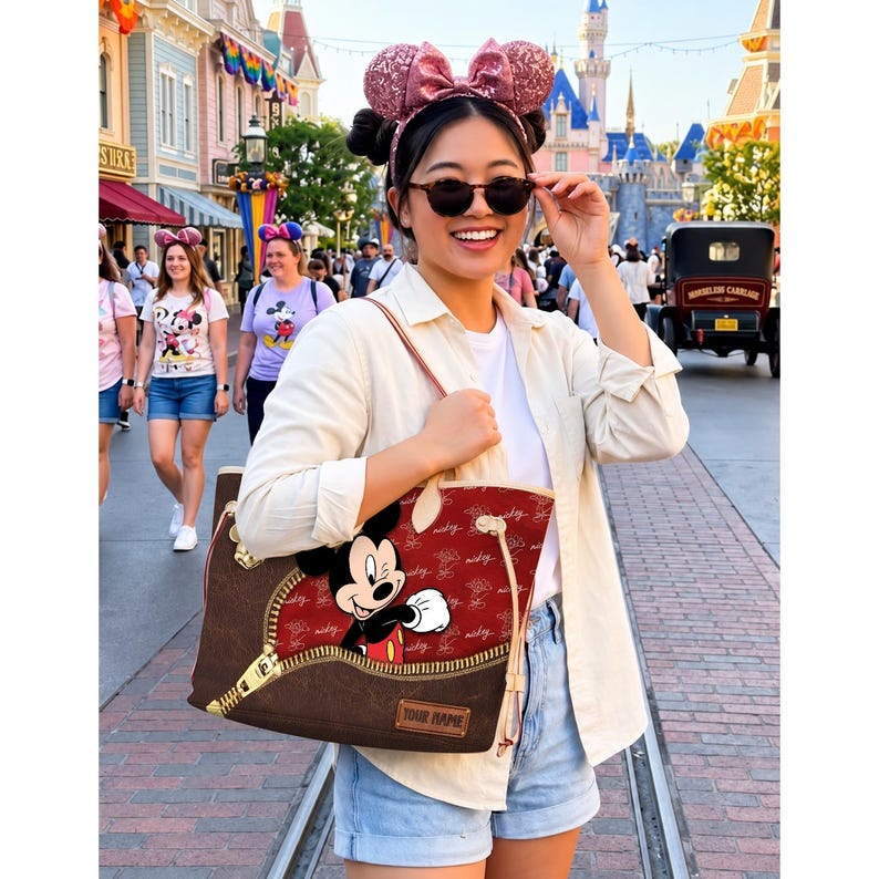 K&ouml;nnte beinhalten: Eine rote und braune Tragetasche mit Micky Maus. Die Tasche hat ein Rei&szlig;verschluss-Design und ein individuelles Namensschild. Die Tasche wird von einer Person getragen, die eine Sonnenbrille, ein wei&szlig;es Hemd und Jeansshorts tr&auml;gt. Der Hintergrund zeigt einen Themenpark.