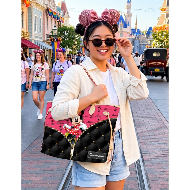 May include: A pink and black tote bag featuring Minnie Mouse. The bag has a quilted black bottom with a zipper design and a pink top with Minnie Mouse graphics. The bag has a custom name tag and is carried by a person wearing sunglasses.