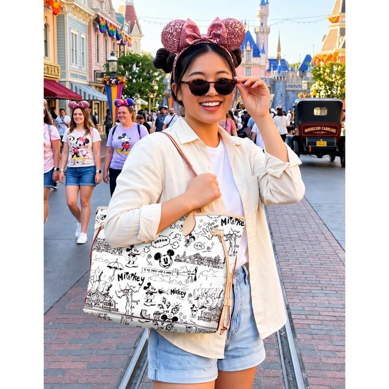 May include: A woman smiles while holding a white tote bag with a black and white Mickey Mouse cartoon design. She wears sunglasses, a white shirt, and denim shorts. A pink bow headband sits atop her head. The background shows a theme park with a castle.