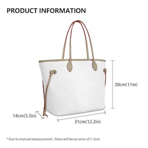 May include: White tote bag with tan trim and handles. The bag measures 12.2 inches wide, 11 inches high, and 5.5 inches deep. The handles are red and tan. The bag has a simple, clean design.